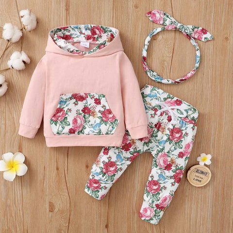 3pcs Baby Girl 95% Cotton Long-sleeve Hoodie and Floral Print Pants with Headband Baby Clothing Sets