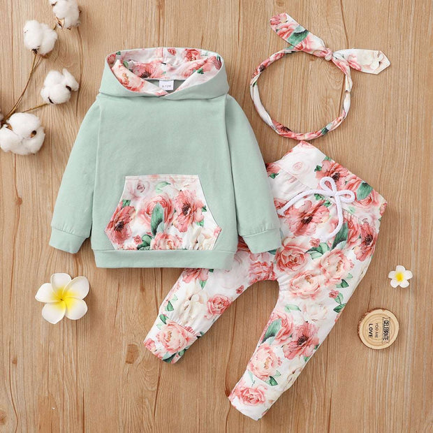 3pcs Baby Girl 95% Cotton Long-sleeve Hoodie and Floral Print Pants with Headband Baby Clothing Sets