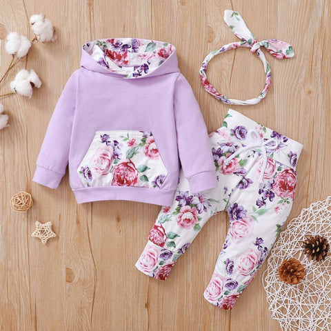 3pcs Baby Girl 95% Cotton Long-sleeve Hoodie and Floral Print Pants with Headband Baby Clothing Sets