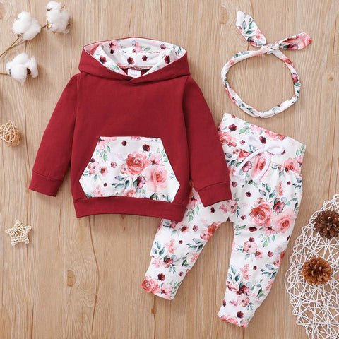 3pcs Baby Girl 95% Cotton Long-sleeve Hoodie and Floral Print Pants with Headband Baby Clothing Sets