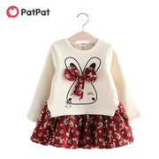 New Arrival Winter Baby Toddler Faux-two Bunny Print Floral Dresses for Kids Girls Clothing