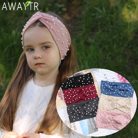 Girls Headbands Pearls Knitted Turban Bandana Winter Elastic Warm Hair Accessories Headdress