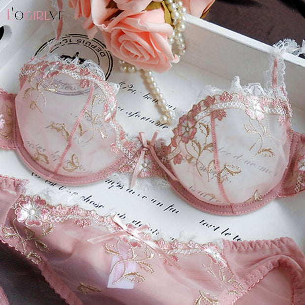 New Exquisite embroidery lotus pink ultra-thin sexy transparent lace Lingerie bra set