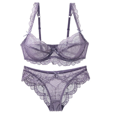 Nuevo Conjunto de lencería Sexy transparente con lazo liso y cierre en la espalda para mujer, sujetador con copa ABCDE de encaje ultrafino