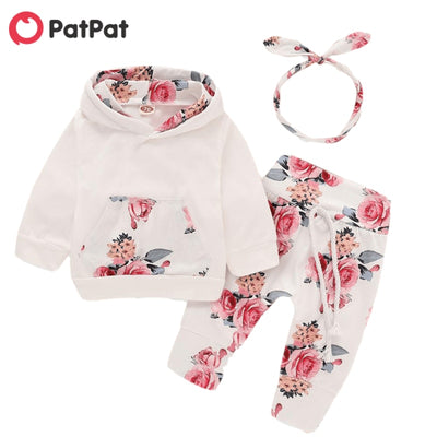 Sudadera con capucha de manga larga de algodón 95% para niña de 3 piezas y pantalones con estampado floral con diadema Conjuntos de ropa para bebé