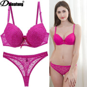 New Lace Drill Bra Sets Plus Size Panty Push Up Underwear Thong 34 36 38 40 42 BCDE Cup Female Lingerie