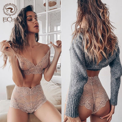 Conjunto de Sujetador de encaje Bicolor, lencería Sensual para mujer, Bralette de copa 3/4, bragas de cintura alta, conjunto de lencería transparente, ropa interior Sexy