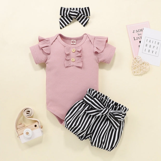 Newborn Baby Girls Outfits Clothes Cotton Solid Romper Jumpsuit + Denim Shorts+Headband Sweet Set  New 2023