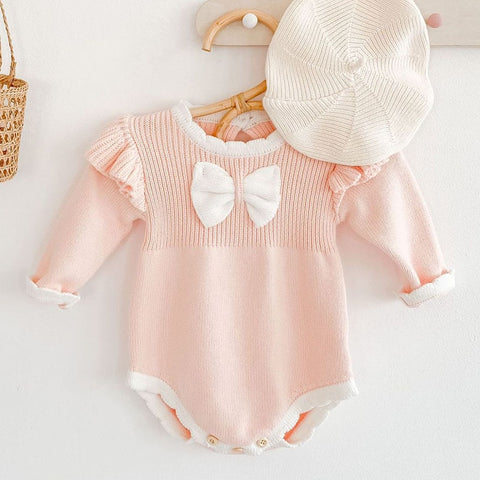 Lindo invierno bebé niñas Bowknot mamelucos ropa niños niña manga larga punto mamelucos ropa