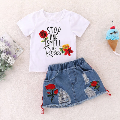 Conjunto de ropa para niños, traje con estampado de flores, Top + falda vaquera, 2 uds., conjuntos de ropa para niños pequeños