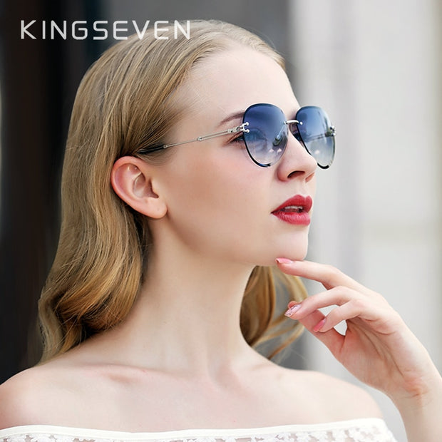 KINGSEVEN DESIGN Women Rimless Pilot Sunglasses Blue Gradient Lens UV400 Protection